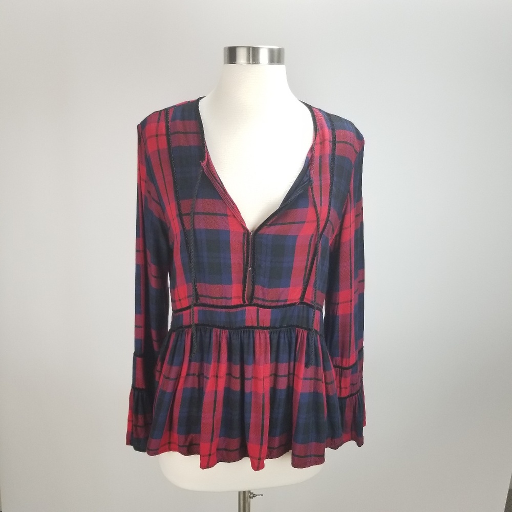 Thread & Supply Plaid Peplum Bell Sleeve Blouse